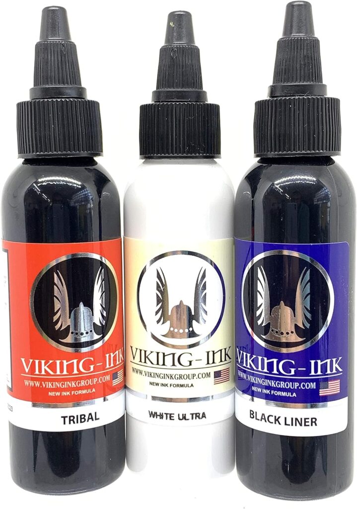 VIKING INK - KIT BLACK LINER + BLACK TRIBAL + WHITE ULTRA 1oz (30ml) - Tinta para Tatuaje